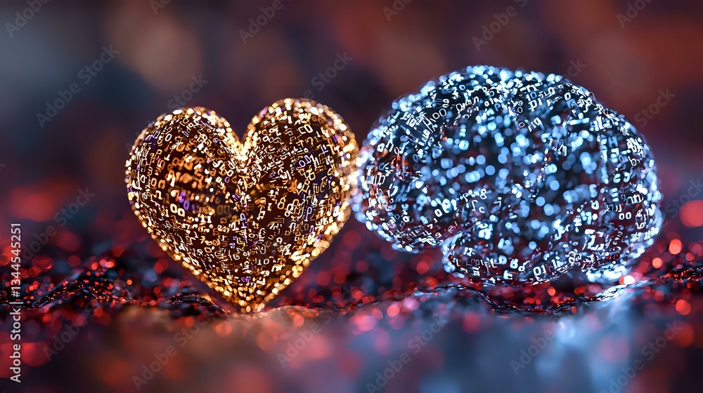 Poster glowing heart and brain shapes on dark background with sparkles and bokeh lights, symbolizing emotio