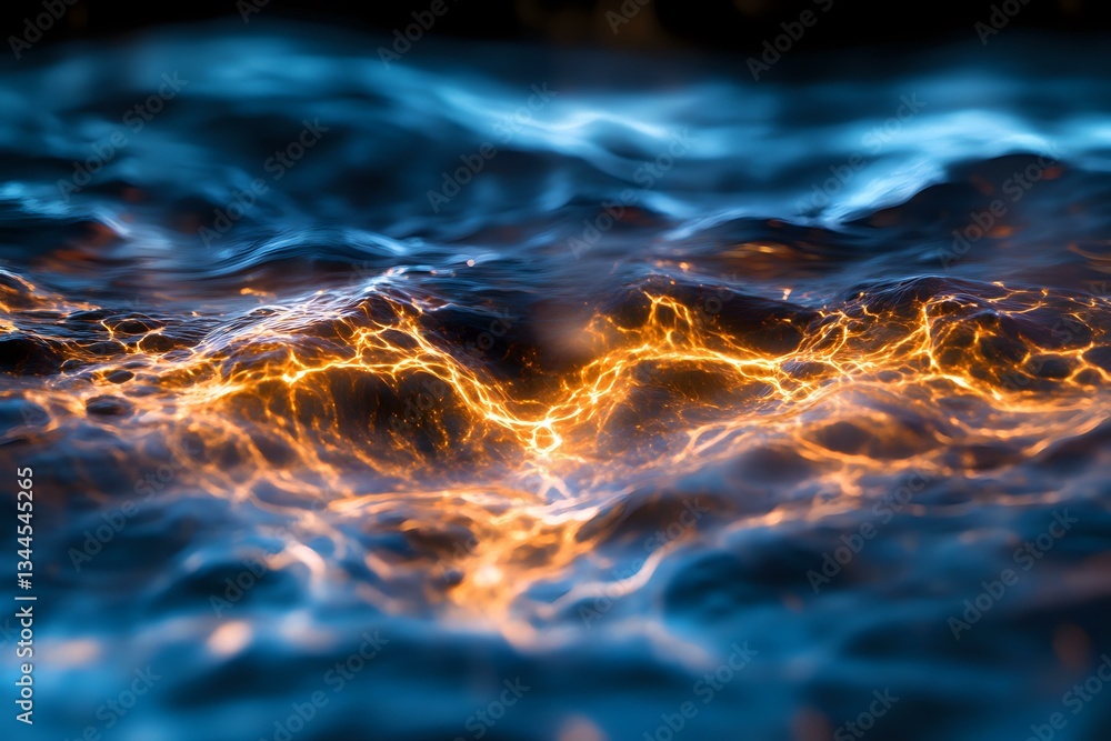 Poster abstract energy waves with glowing orange lightning effect against dark blue background, creating dy
