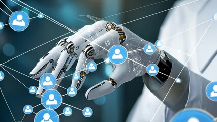 AI's Human Touch: An intricate connection of data, symbolized by linked profile icons, intertwines with a robotic hand. - Powered by Adobe