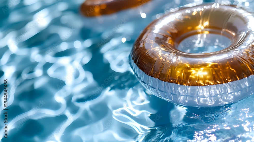Poster golden inflatable ring floating on sparkling blue swimming pool water with sunlight reflections crea