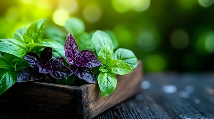 Fototapeta premium Fresh purple and green basil leaves in rustic wooden box against blurred garden background with soft natural bokeh lighting effect.
