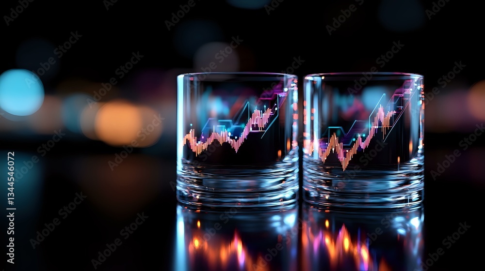 Aufkleber financial market data reflected in whiskey glasses with glowing stock charts and candlestick pattern