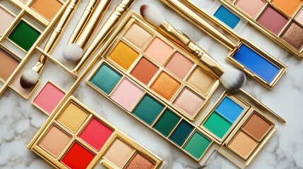 Flat lay of makeup brushes and colorful eyeshadow palettes on a marble background.