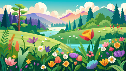 Naklejka premium Vibrant Spring Meadow with Blooming Flowers in a Flat Design Serene Pastoral Landscape with Lush Greenery Floral Botanicals and a Minimalist Nature Inspired