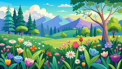 Fototapeta premium Vibrant Spring Meadow with Blooming Flowers in a Flat Design Serene Pastoral Landscape with Lush Greenery Floral Botanicals and a Minimalist Nature Inspired