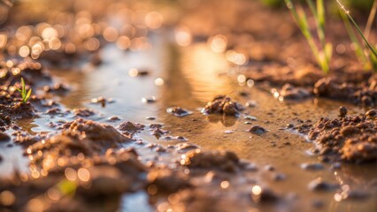Wet soil with reflections in sunlight  