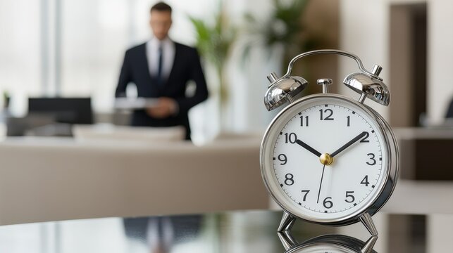 A stylish alarm clock sits on a polished surface, with a businessman in the background, suggesting themes of time management and professionalism.