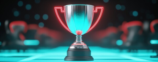 A shiny trophy with a glowing red outline, set against a dark background, symbolizing achievement and competition in a vibrant digital environment.