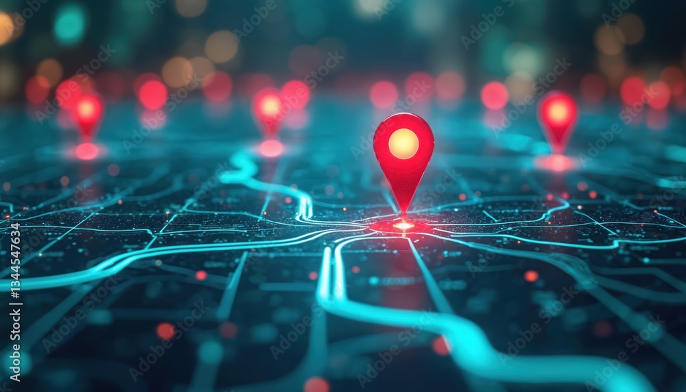 Poster smart delivery digital map with ai, gps pins for future transport logistics. tech business network c