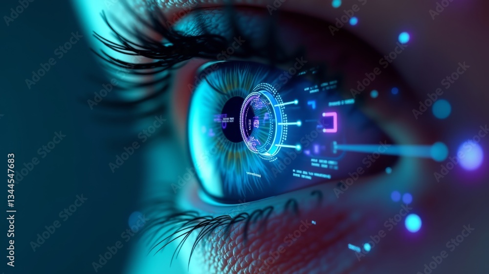 Wall mural a strikingly detailed eye with a built-in ai scanner, where glowing biometric lines, facial recognit