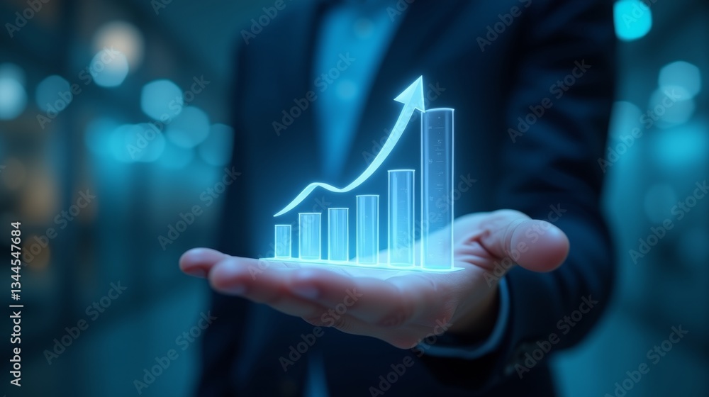 Poster a hand extended forward, displaying a dynamic floating financial dashboard, with bar graphs, percent