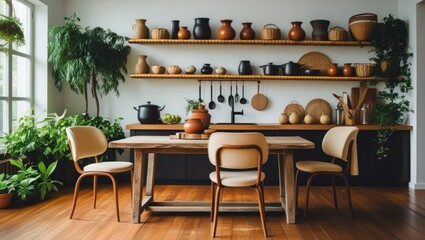 Modern Boho Kitchen with Wooden Shelves