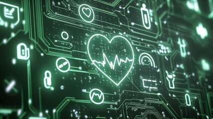 Glowing Green Heart Rate Monitor on Circuit Board