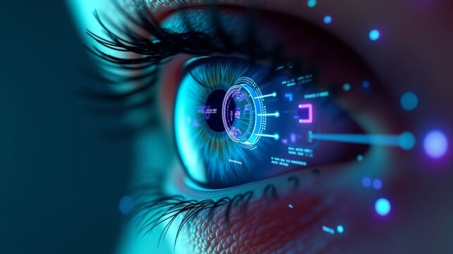 A strikingly detailed eye with a built-in AI scanner, where glowing biometric lines, facial recognition data, and futuristic UI elements overlay the cornea. 