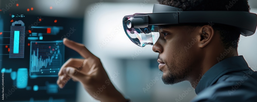 Aufkleber a focused individual uses augmented reality glasses to interact with digital data, showcasing futuri