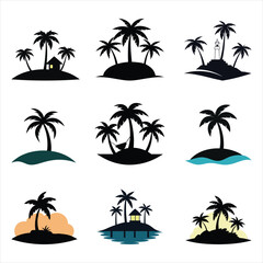 Tropical Island Silhouettes Vector Set – Palm Trees, Beaches, and Ocean Scenes