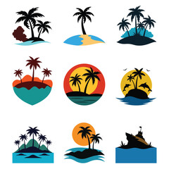 Exotic Tropical Island Silhouettes Set – Palm Trees, Beach Scenes & Ocean Vectors