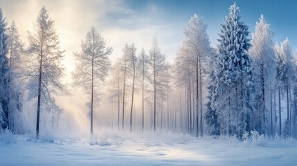Ethereal snowscape captivating winter forest scene with sunlit frozen trees