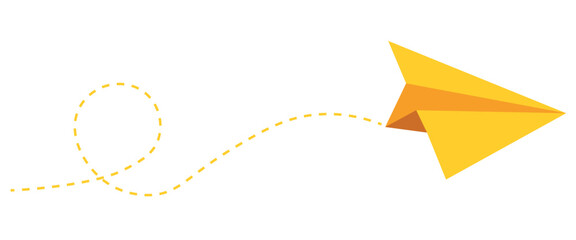 Colorful fun paper plane with dotted line. Hand drawn doodle airplane. Travel symbol, vector illustration. Isolated on white background