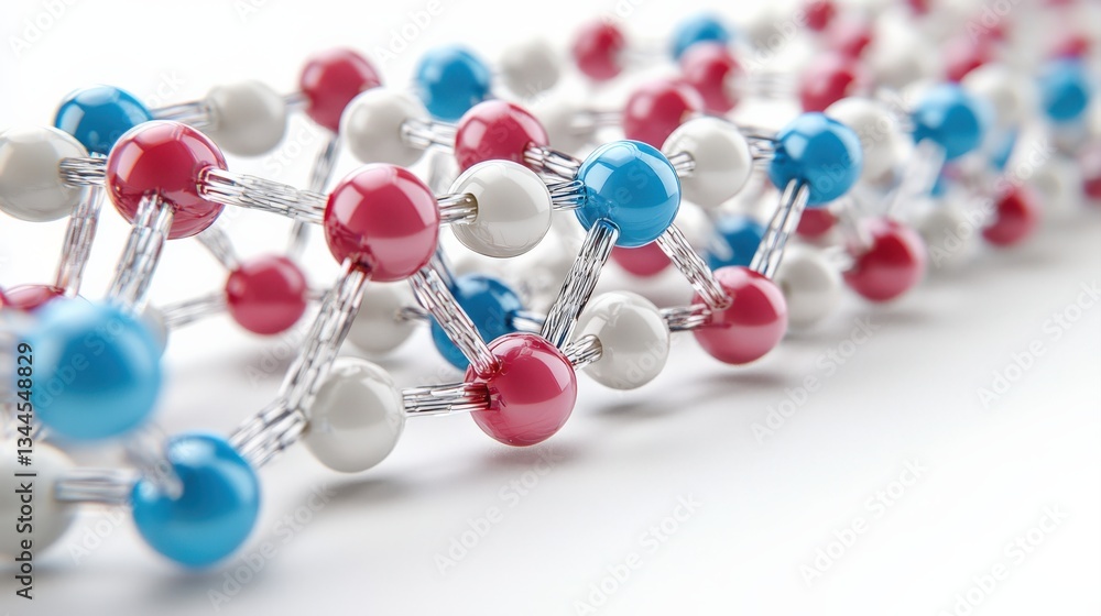 Poster a close-up view of a molecular structure featuring colorful atoms connected by bonds, representing s