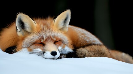 Obraz premium Sleepy red fox resting on fresh snow with closed eyes, displaying peaceful expression and fluffy winter coat against dark background.