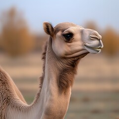 Obraz premium Desert camel portrait, autumn landscape background, wildlife photography, travel brochure
