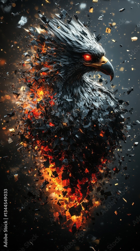 Poster a fierce avian form gradually disintegrating into fiery particles