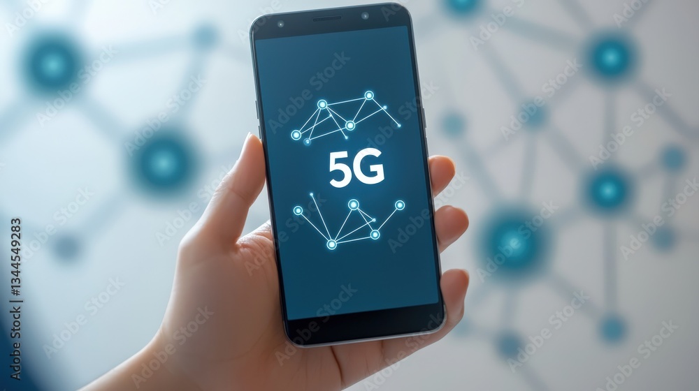Aufkleber a hand holds a smartphone displaying a 5g network graphic, symbolizing advanced connectivity and tec