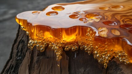 Golden Resin and Wood Abstract Art Close Up of a Glowing, Dripping Resin Sculpture on Wood