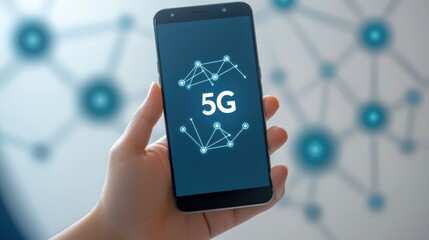 A hand holds a smartphone displaying a 5G network graphic, symbolizing advanced connectivity and technology.
