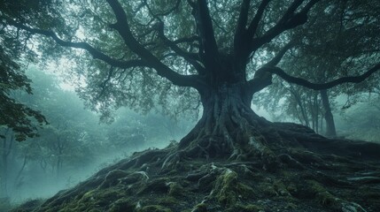 Ethereal guardian: Ancient oak tree shrouded in mystic fog evokes timelessness
