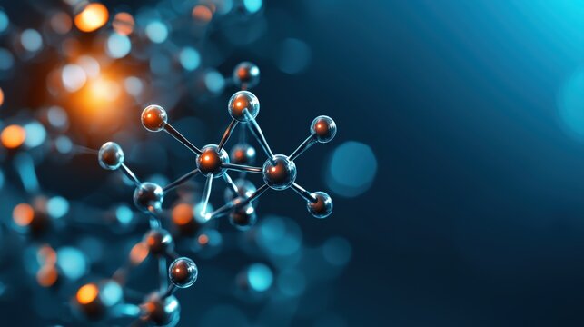 A close-up view of a molecular structure, showcasing interconnected atoms with glowing highlights against a dark, blue background.