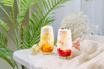 Fruit sundae on a simple background