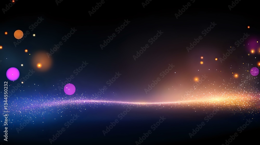 Poster glowing abstract cosmic background with colorful light spheres and sparkles floating in dark space, 