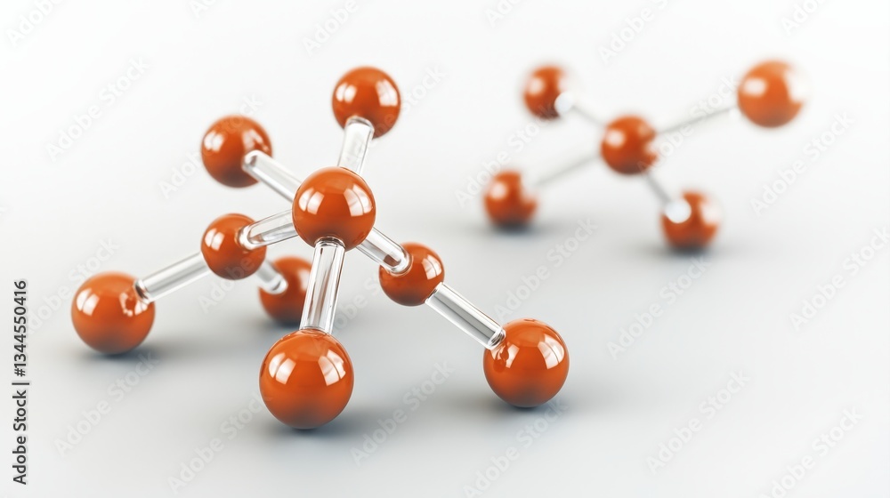 Poster a 3d representation of molecular structures featuring orange spherical atoms connected by transparen