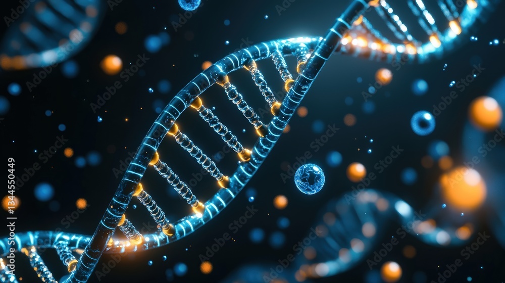 Poster a vibrant depiction of a dna double helix surrounded by glowing particles, representing the complexi