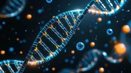 A vibrant depiction of a DNA double helix surrounded by glowing particles, representing the complexities of genetics and molecular biology.