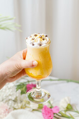 Fruit sundae on a simple background