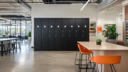 Sleek black lockers in a modern office break room, reflecting minimalist design and personal space organization