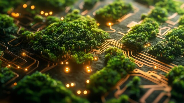 Lush Green Foliage Growing on a Circuit Board with Glowing Lights