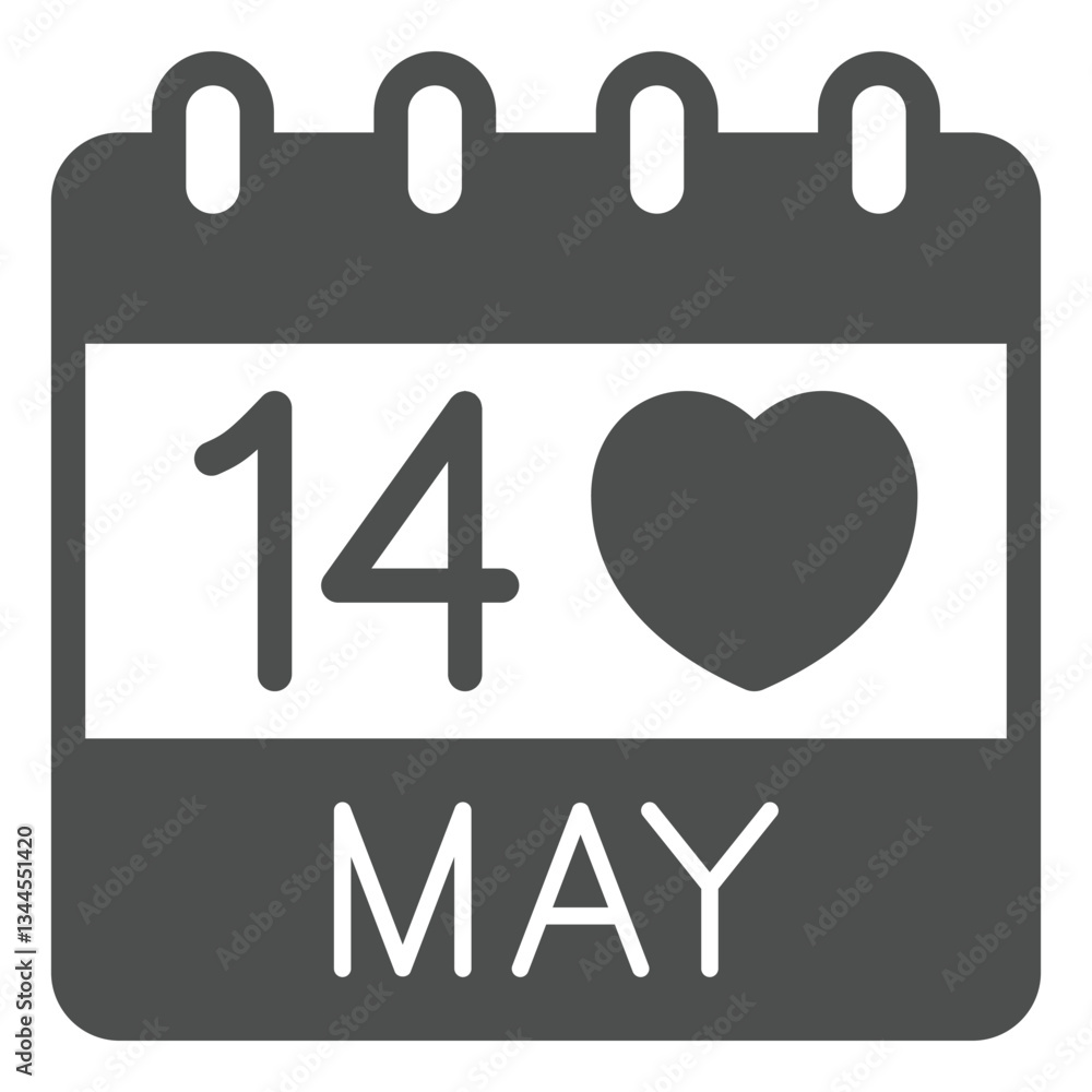 Poster calendar date with heart shape solid icon, mother day concept. vector graphics. page with 14 may eve