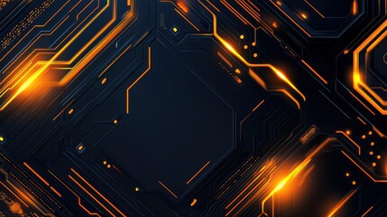 Abstract dark background with glowing orange circuit lines.