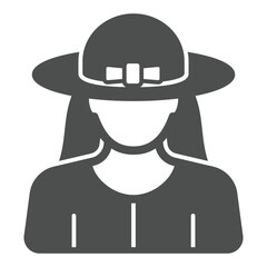Woman and hat with bow solid icon, mother day concept. Vector graphics. Young woman avatar sign on white background, glyph style icon for mobile or web design.