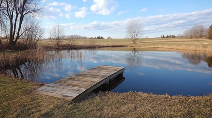 Idyllic pond scene with wooden dock mirroring sky and surrounding trees