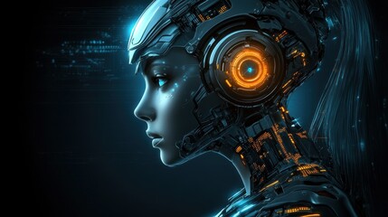 Profile view of a female cyborg with glowing orange and blue mechanical parts.
