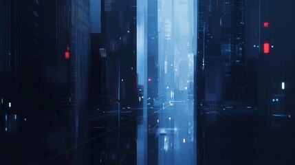 Futuristic city street at night, sleek buildings, glowing lights, reflections, dark ambiance.