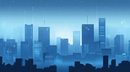 Futuristic cityscape at night, glowing skyscrapers, misty atmosphere.