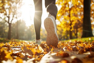 Close-up of running shoes on autumn foliage with sunlight filtering through trees