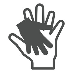 Obraz premium Adult parent hand with child palm solid icon, mother day concept. Vector graphics. Hand in hand together sign on white background, glyph style icon for mobile or web design.