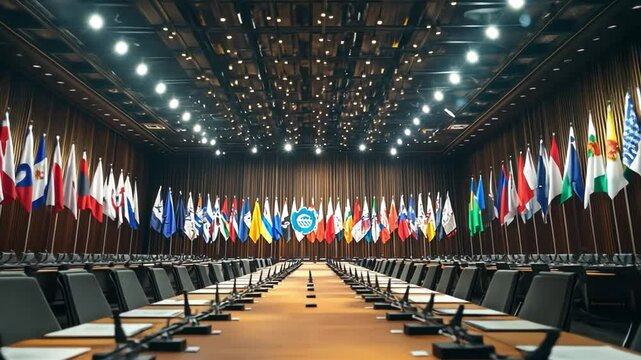 Global Summit: A high-angle perspective showcases a grand conference room, meticulously set up for a summit meeting. An array of international flags is artfully arranged.